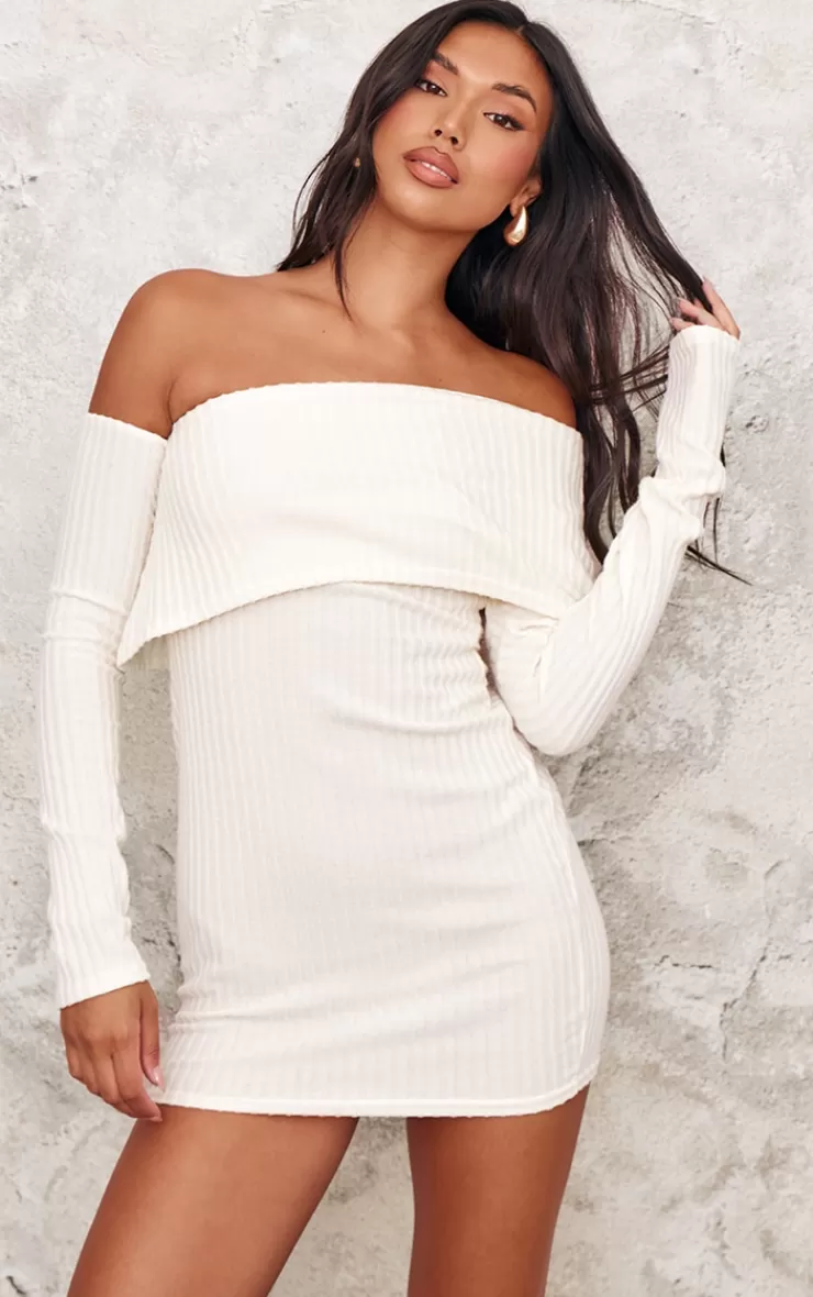 PrettyLittleThing Ribbed Long Sleeve One Shoulder Asymmetric Bardot Mini Dress< Mini Dresses