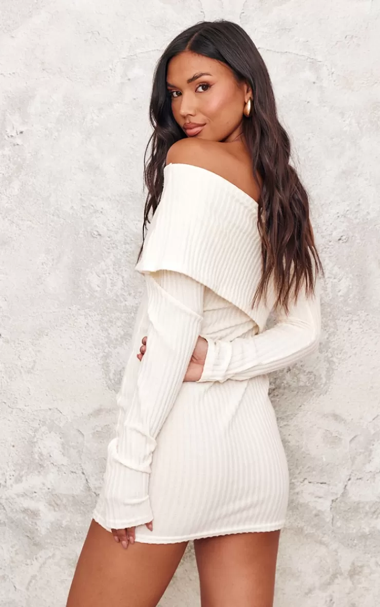 PrettyLittleThing Ribbed Long Sleeve One Shoulder Asymmetric Bardot Mini Dress< Mini Dresses