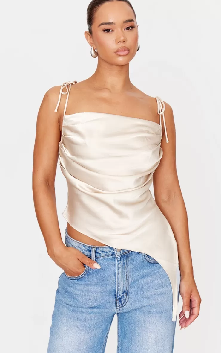 PrettyLittleThing Satin Ruched Asymmetric Strappy Top< Going Out