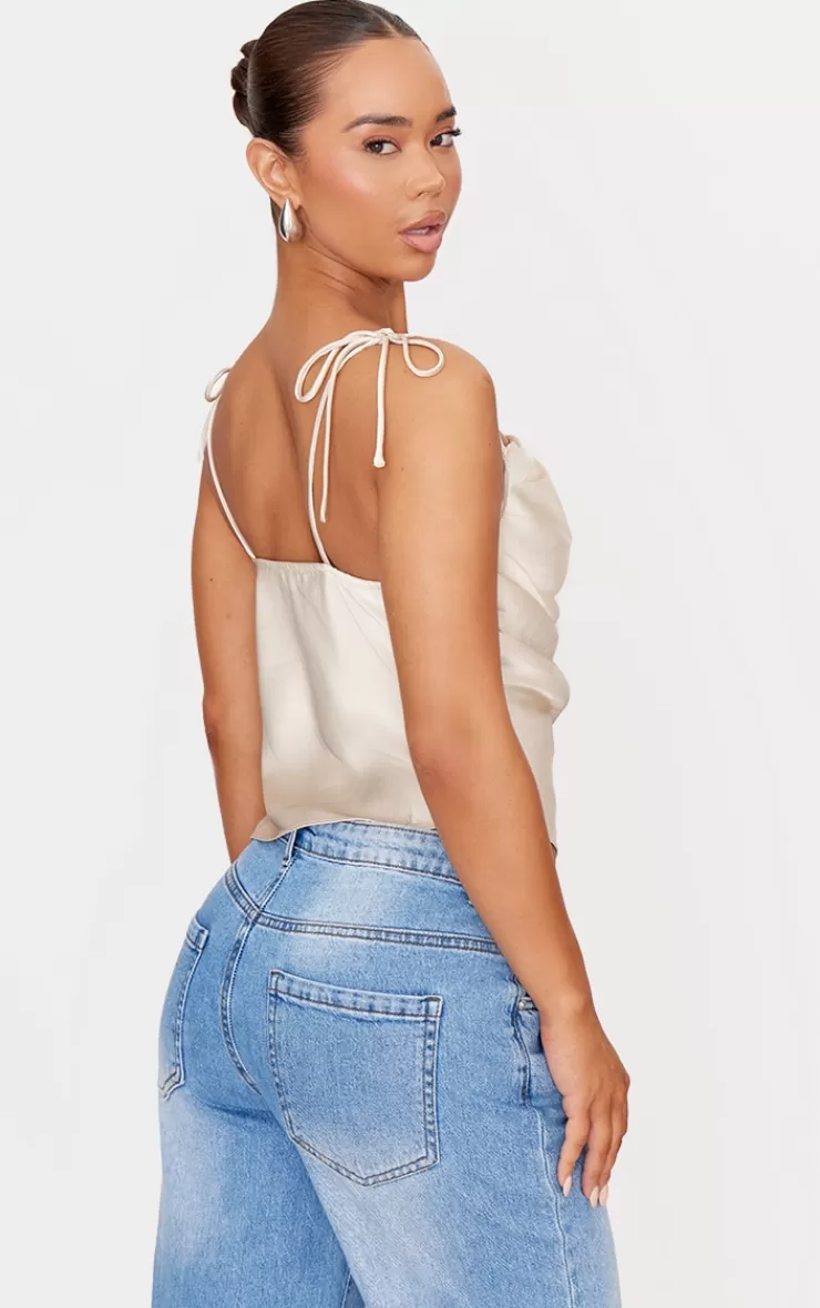 PrettyLittleThing Satin Ruched Asymmetric Strappy Top< Going Out
