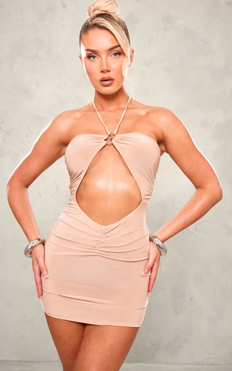 PrettyLittleThing Slinky Ring Detail Halter Neck Mini Dress< Going Out