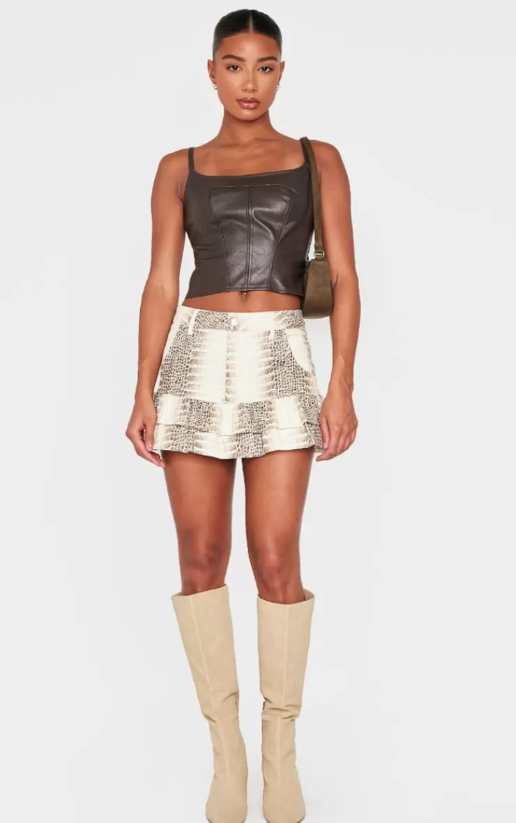 PrettyLittleThing Snake Print Faux Leather Frill Hem Mini Skirt< Going Out
