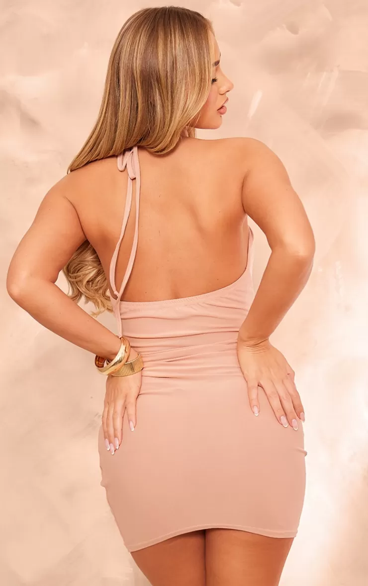 PrettyLittleThing Soft Touch Halterneck Cut Out Ruched Front Mini Dress< Mini Dresses