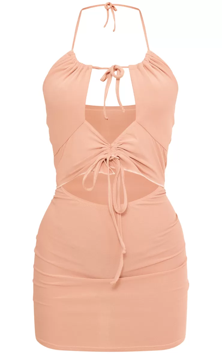 PrettyLittleThing Soft Touch Halterneck Cut Out Ruched Front Mini Dress< Mini Dresses