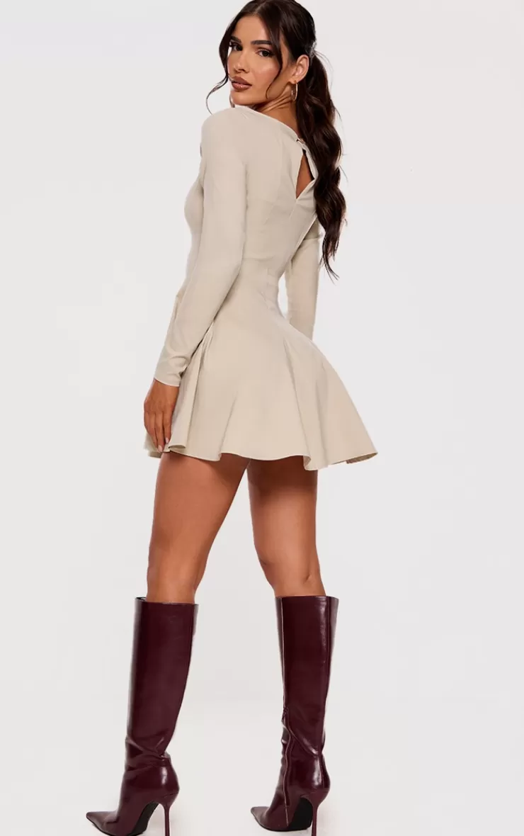 PrettyLittleThing Stretch Woven Boat Neck Long Sleeve Pleated Shift Dress< Shift Dresses