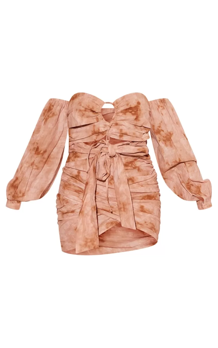 PrettyLittleThing Tie Dye Linen Bandeau Tie Bust Detail Bodycon Dress< Strapless Dresses