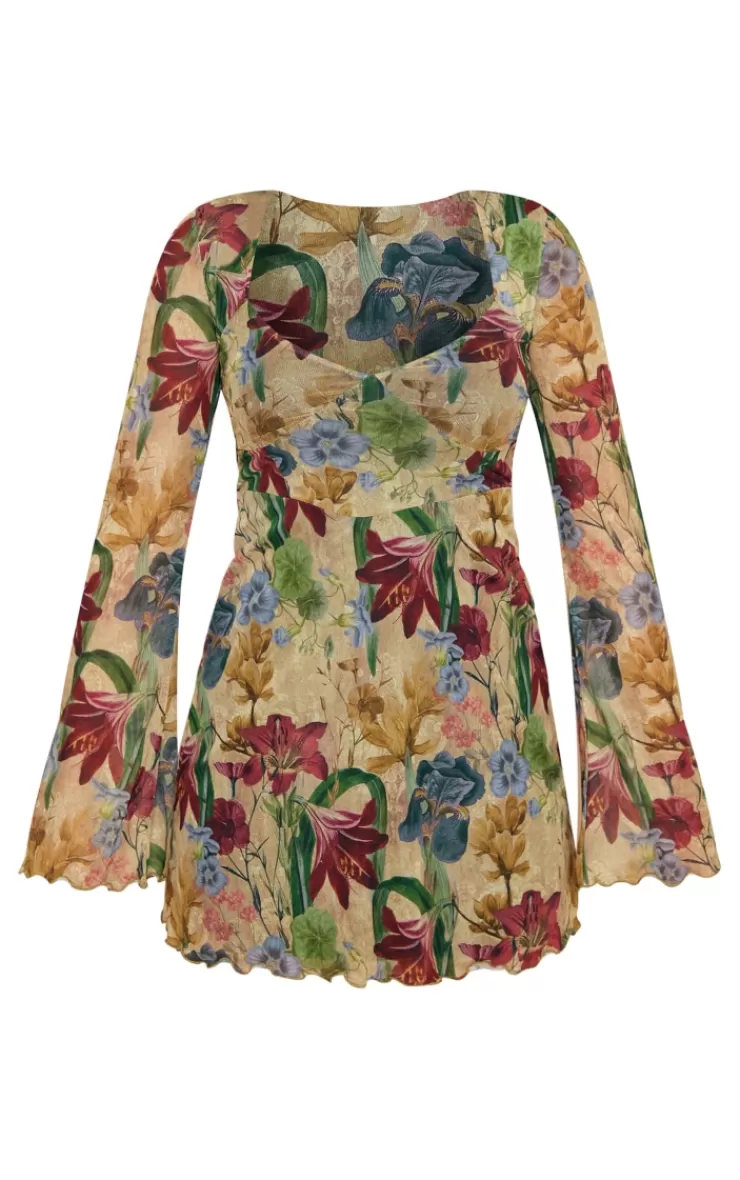 PrettyLittleThing Vintage Floral Mesh Underbust Detail Shift Dress< Shift Dresses