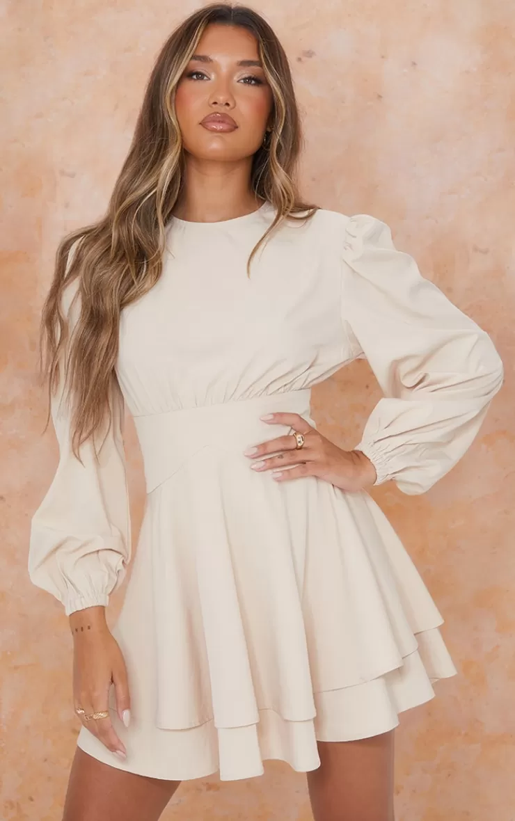 PrettyLittleThing Woven Binding Waist Detail Puff Long Sleeve Shift Dress< Bridal Shower