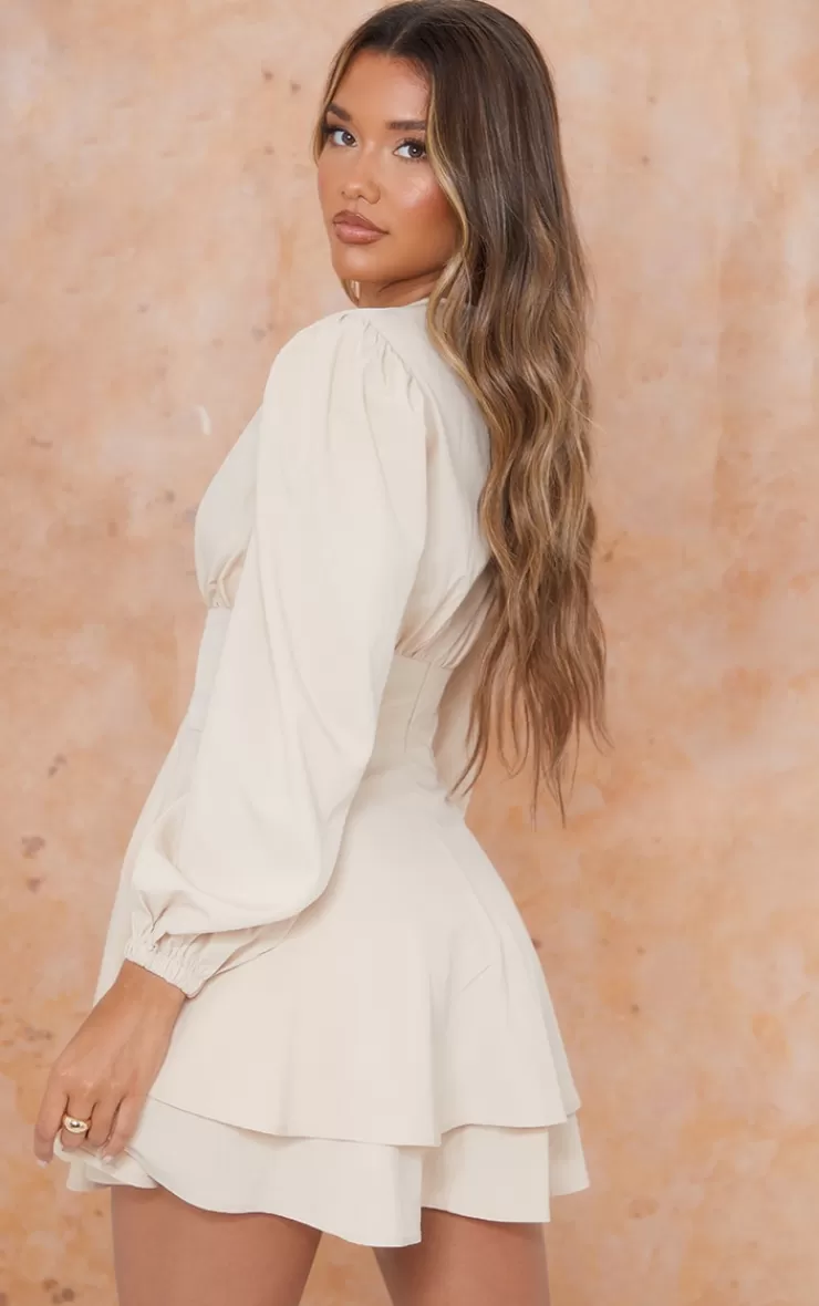 PrettyLittleThing Woven Binding Waist Detail Puff Long Sleeve Shift Dress< Bridal Shower