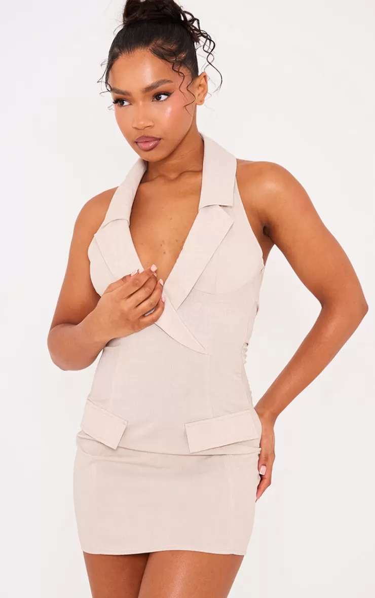 PrettyLittleThing Woven Halter Neck Pocket Detail Mini Dress< Mini Dresses