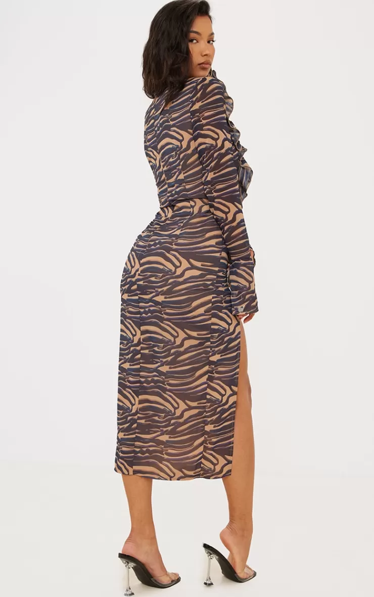 PrettyLittleThing Zebra Print Chiffon Frill Detail Midi Dress< Midi Dresses