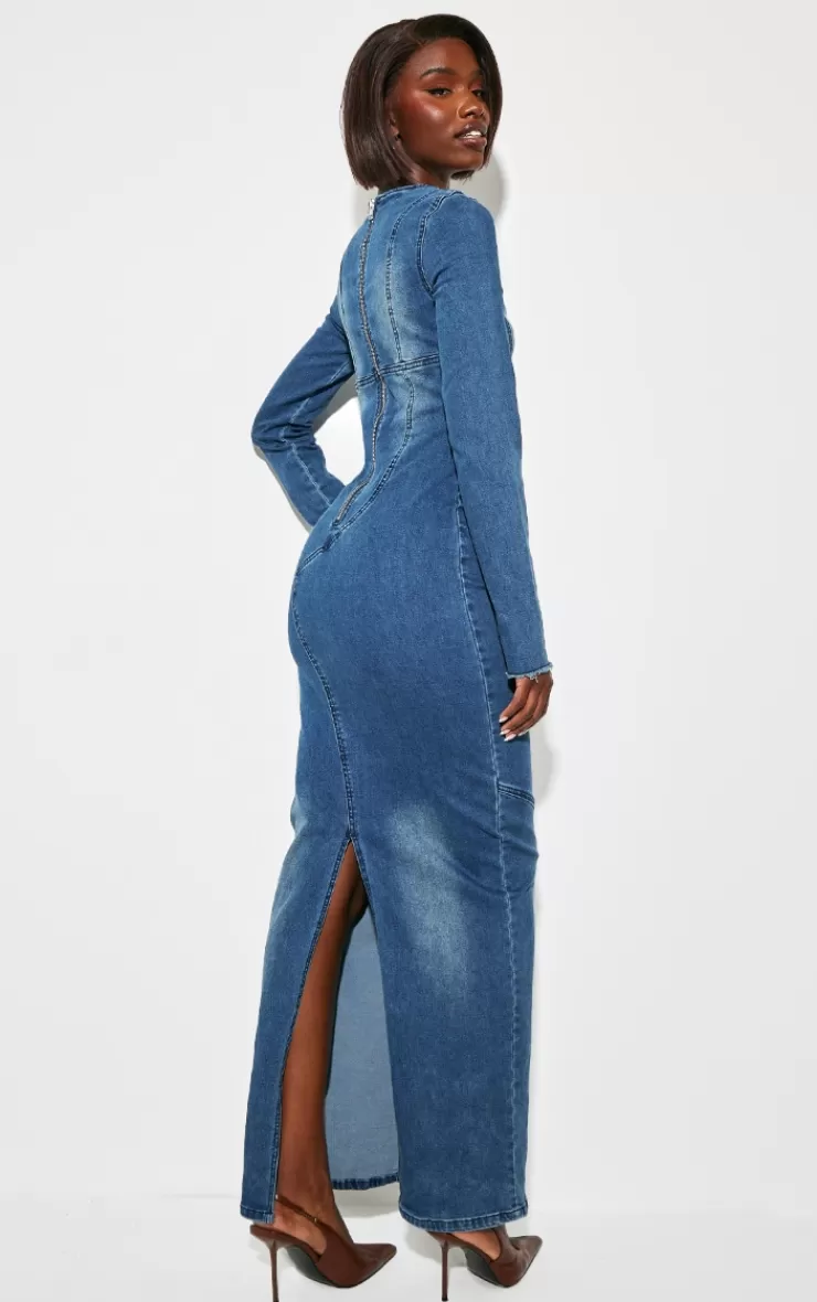 PrettyLittleThing Tall Long Sleeve Bodycon Denim Dress< Maxi Dresses