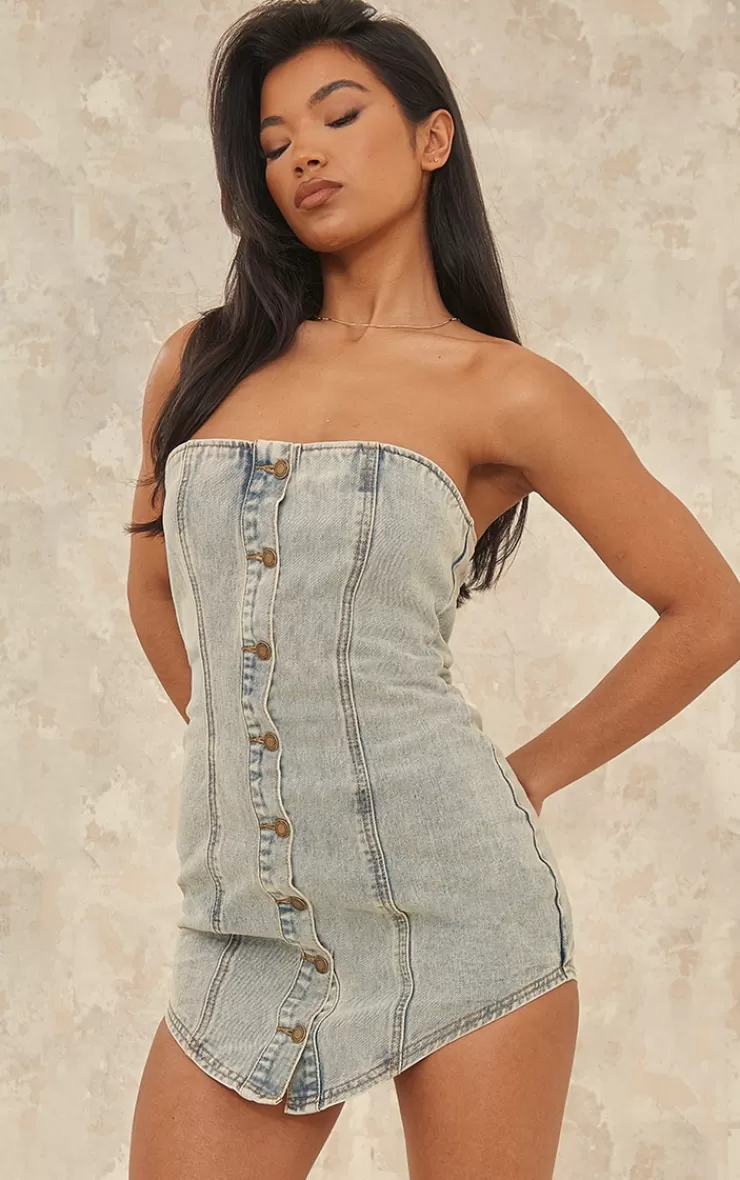 PrettyLittleThing Curved Hem Button Through Denim Mini Dress< Mini Dresses
