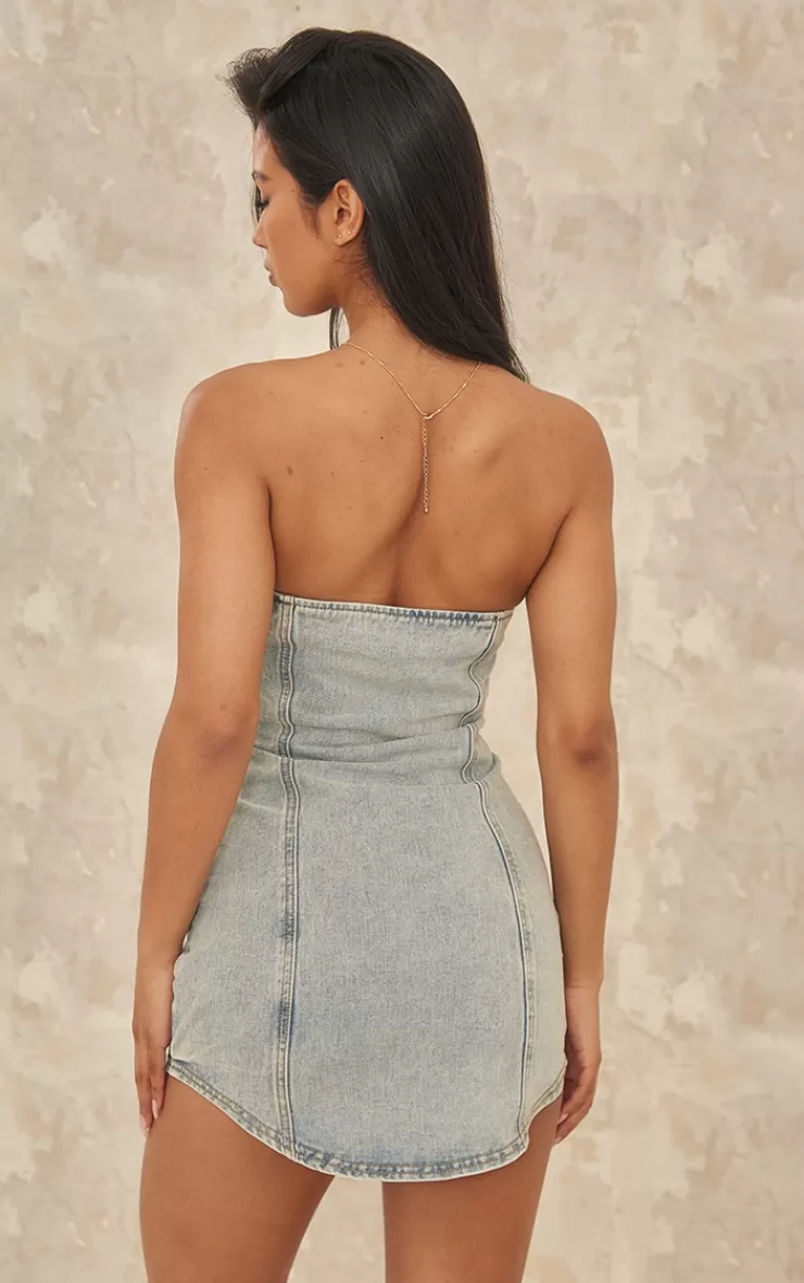PrettyLittleThing Curved Hem Button Through Denim Mini Dress< Mini Dresses