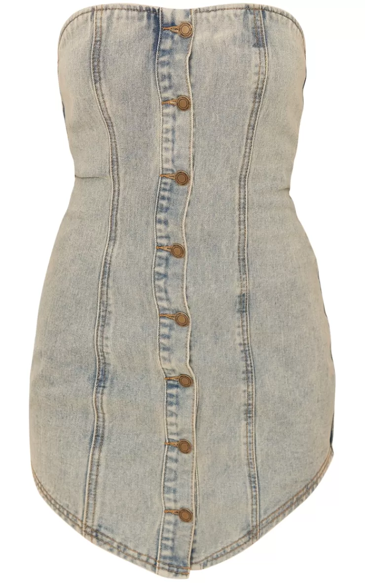PrettyLittleThing Curved Hem Button Through Denim Mini Dress< Mini Dresses