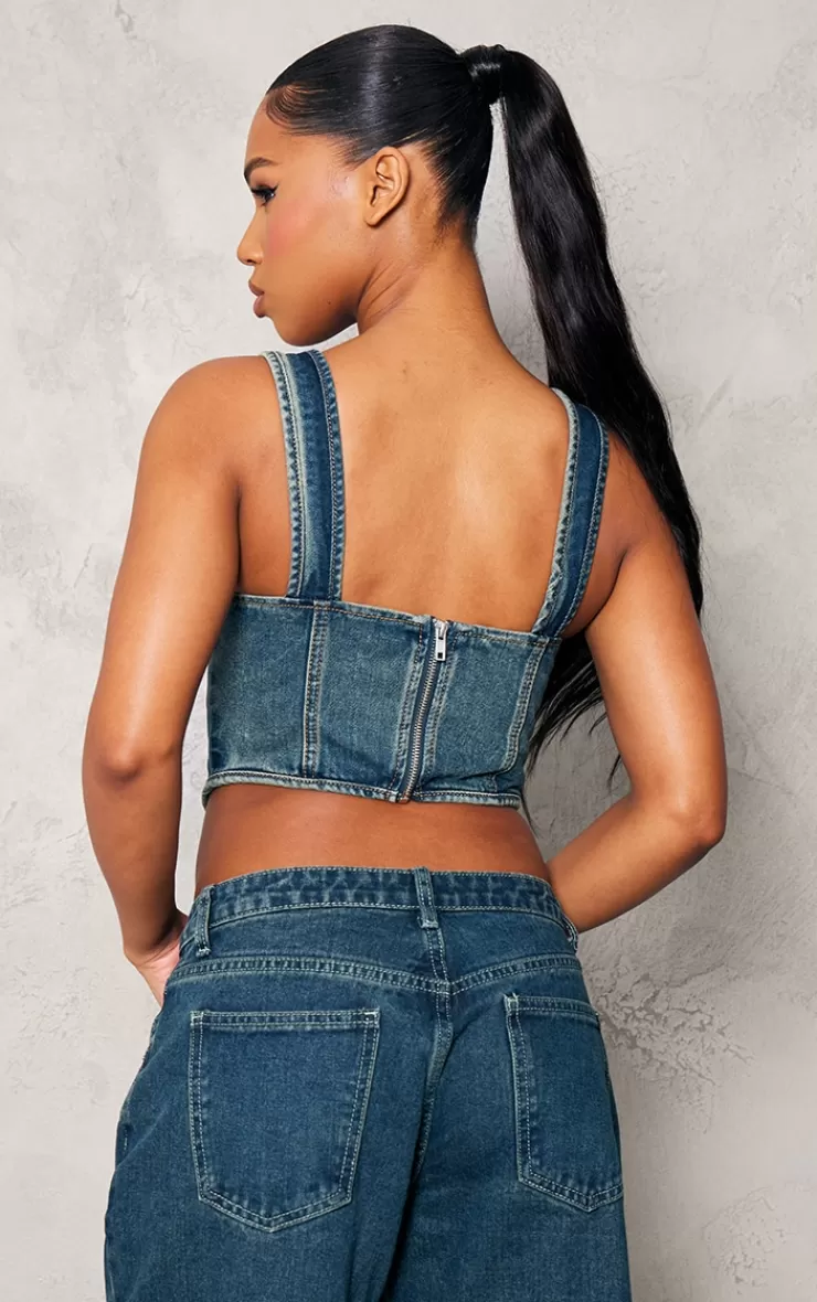 PrettyLittleThing Dip Hem Bust Cup Denim Corset< Going Out