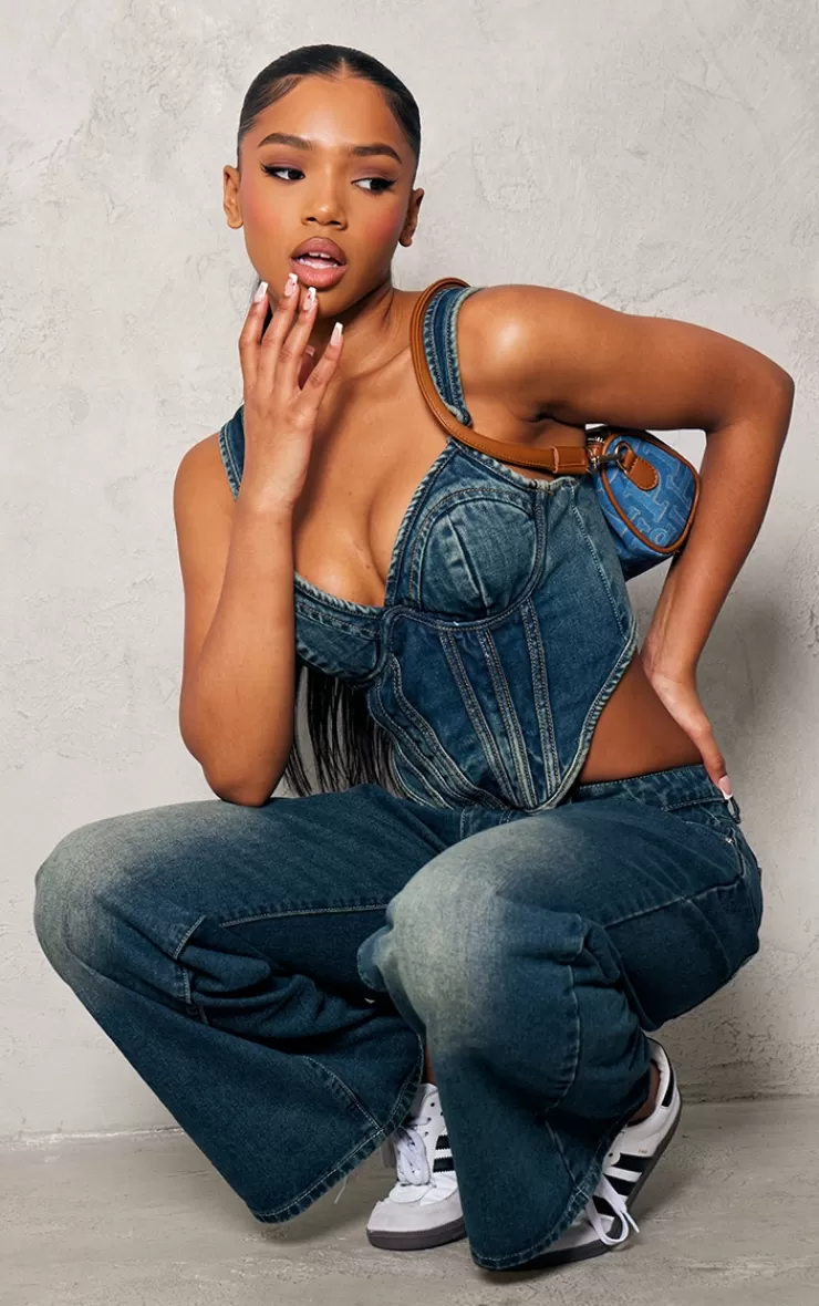 PrettyLittleThing Dip Hem Bust Cup Denim Corset< Going Out