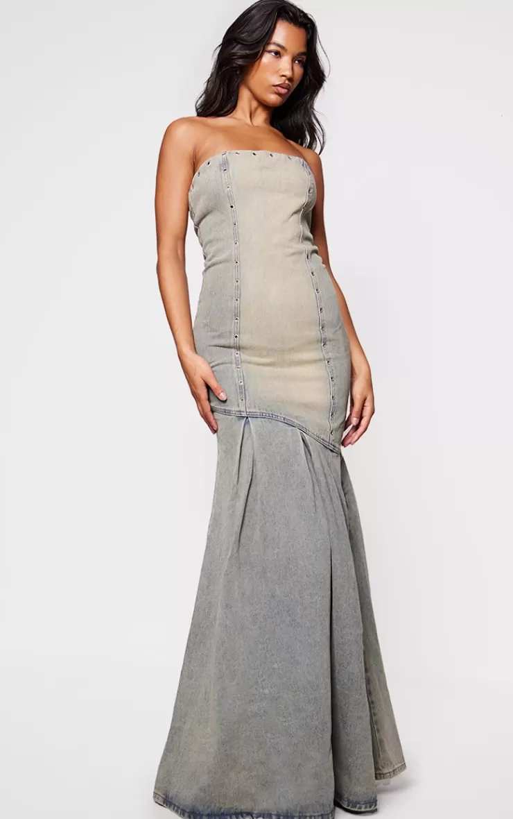 PrettyLittleThing Green Tint Studded Seam Detail Frill Hem Denim Maxi Dress< Going Out