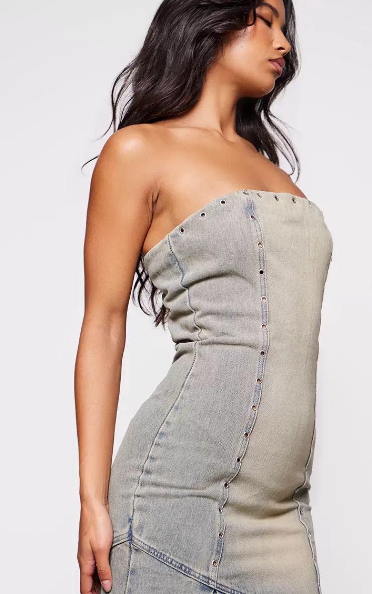 PrettyLittleThing Green Tint Studded Seam Detail Frill Hem Denim Maxi Dress< Going Out