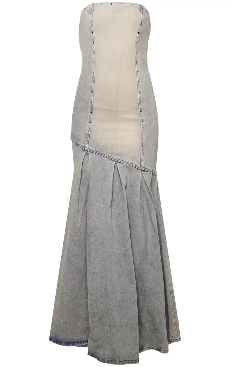PrettyLittleThing Green Tint Studded Seam Detail Frill Hem Denim Maxi Dress< Going Out