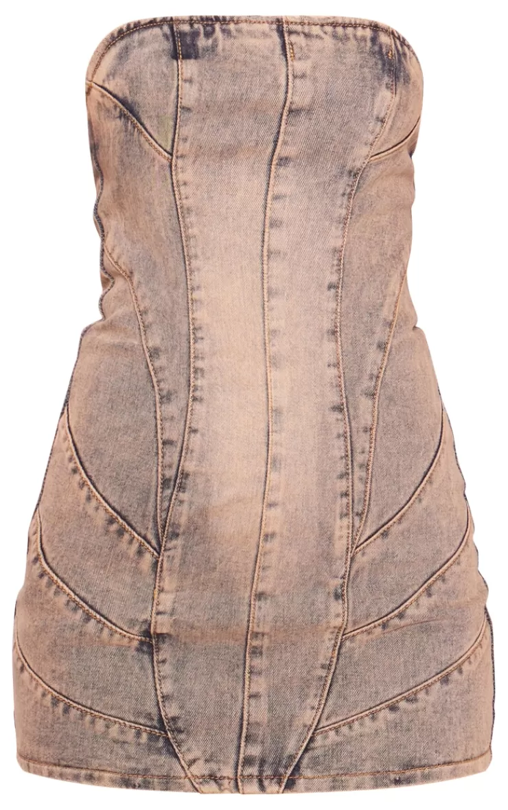 PrettyLittleThing Pink Tint Seam Detail Bandeau Denim Mini Dress< Strapless Dresses