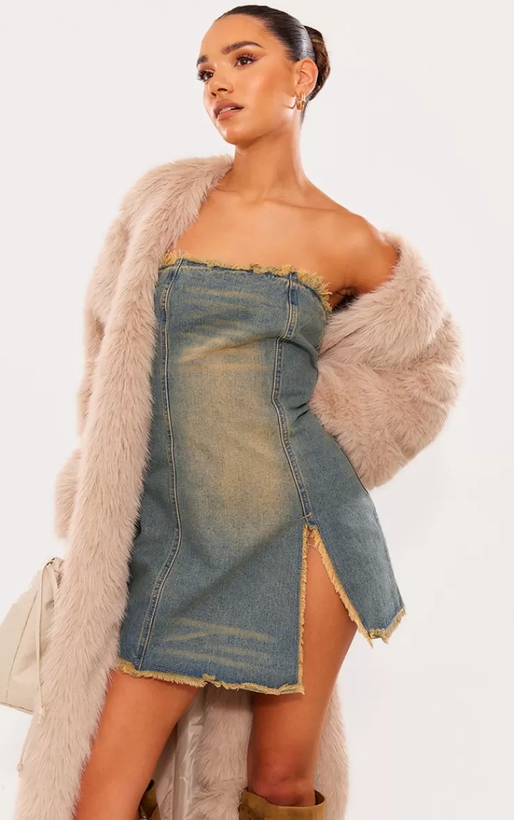 PrettyLittleThing Raw Edge Split Detail Denim Bandeau Mini Dress< Going Out