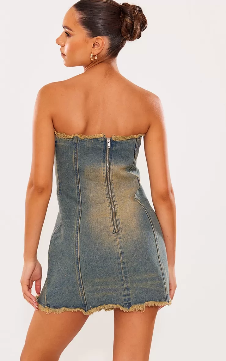 PrettyLittleThing Raw Edge Split Detail Denim Bandeau Mini Dress< Going Out