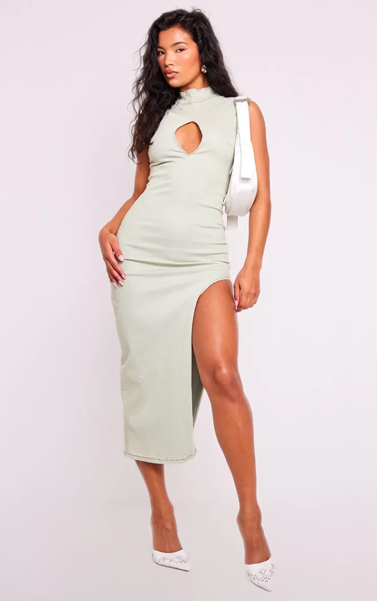 PrettyLittleThing Side Split Stretch Denim Midi Dress< Midi Dresses