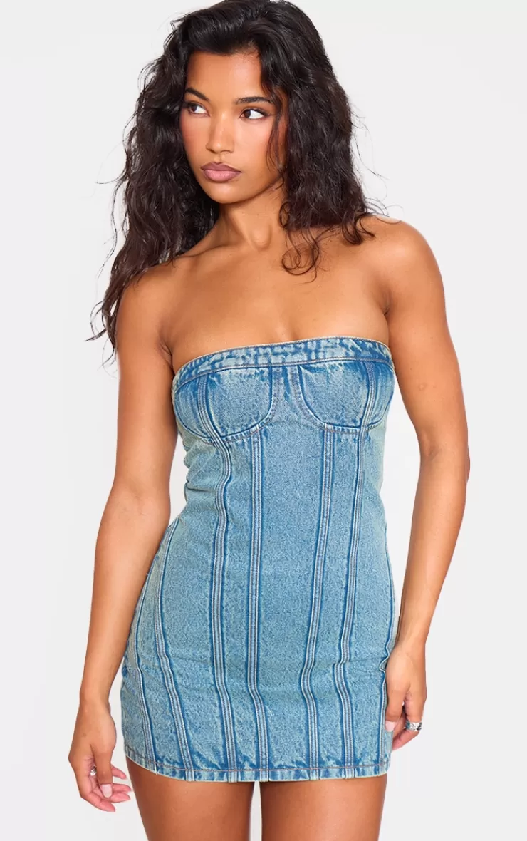 PrettyLittleThing Strapless Corset Seam Denim Bodycon Dress< Denim Dresses