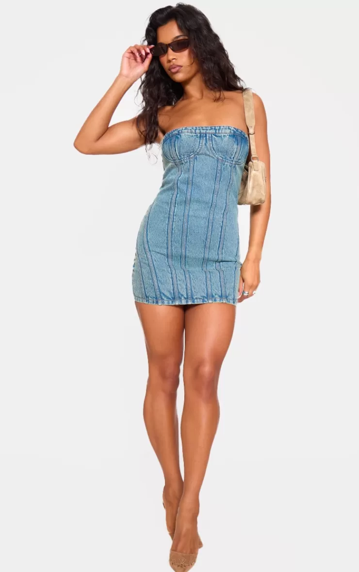 PrettyLittleThing Strapless Corset Seam Denim Bodycon Dress< Denim Dresses