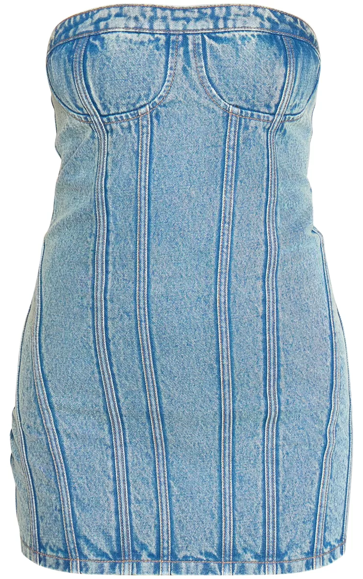 PrettyLittleThing Strapless Corset Seam Denim Bodycon Dress< Denim Dresses