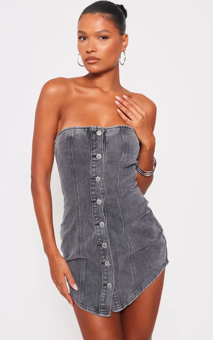 PrettyLittleThing Curved Hem Button Through Denim Mini Dress< Going Out