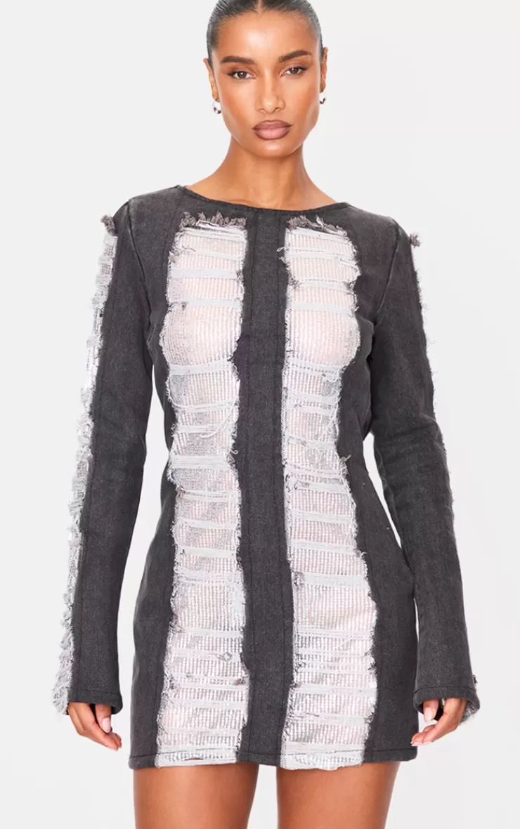 PrettyLittleThing Extreme Distressed Sequin Panel Backless Mini Dress< Going Out