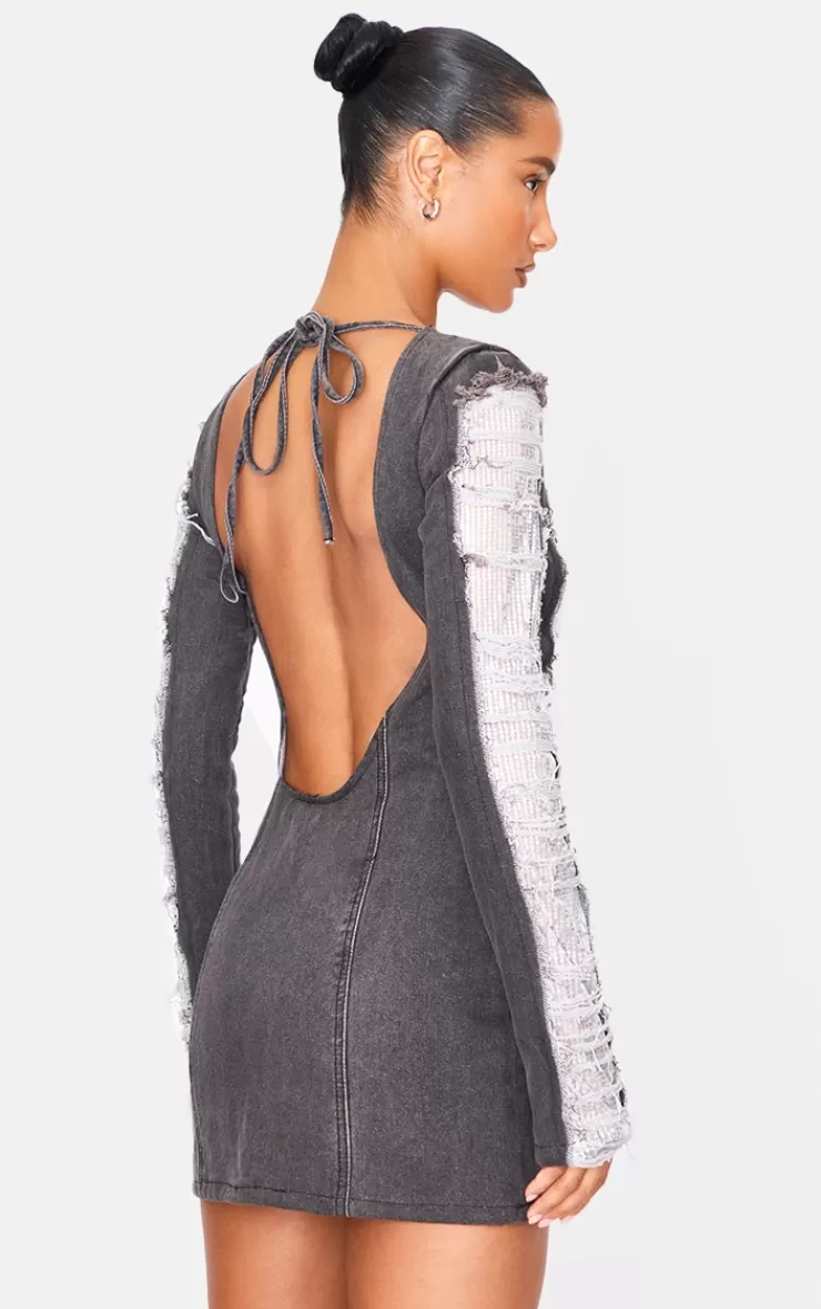 PrettyLittleThing Extreme Distressed Sequin Panel Backless Mini Dress< Going Out