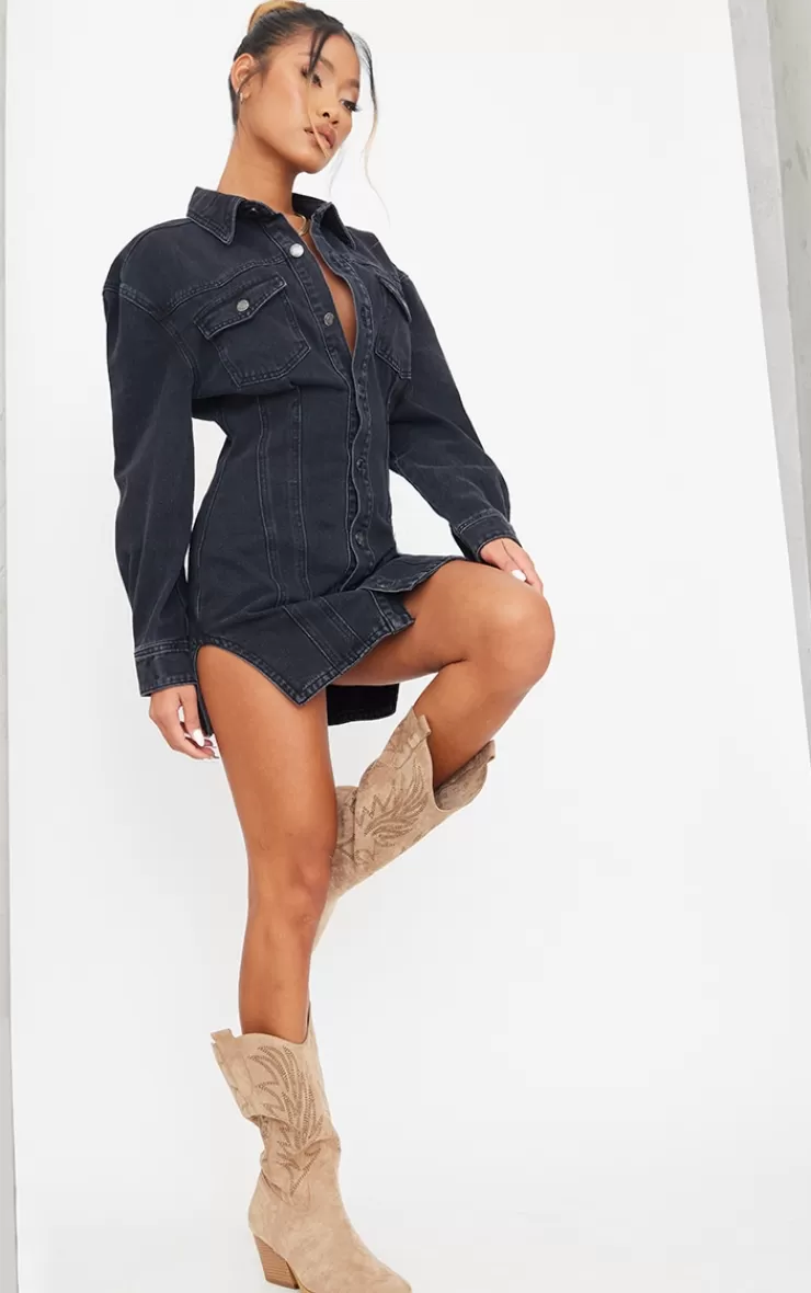 PrettyLittleThing Seam Detail Long Sleeve Denim Dress< Denim Dresses