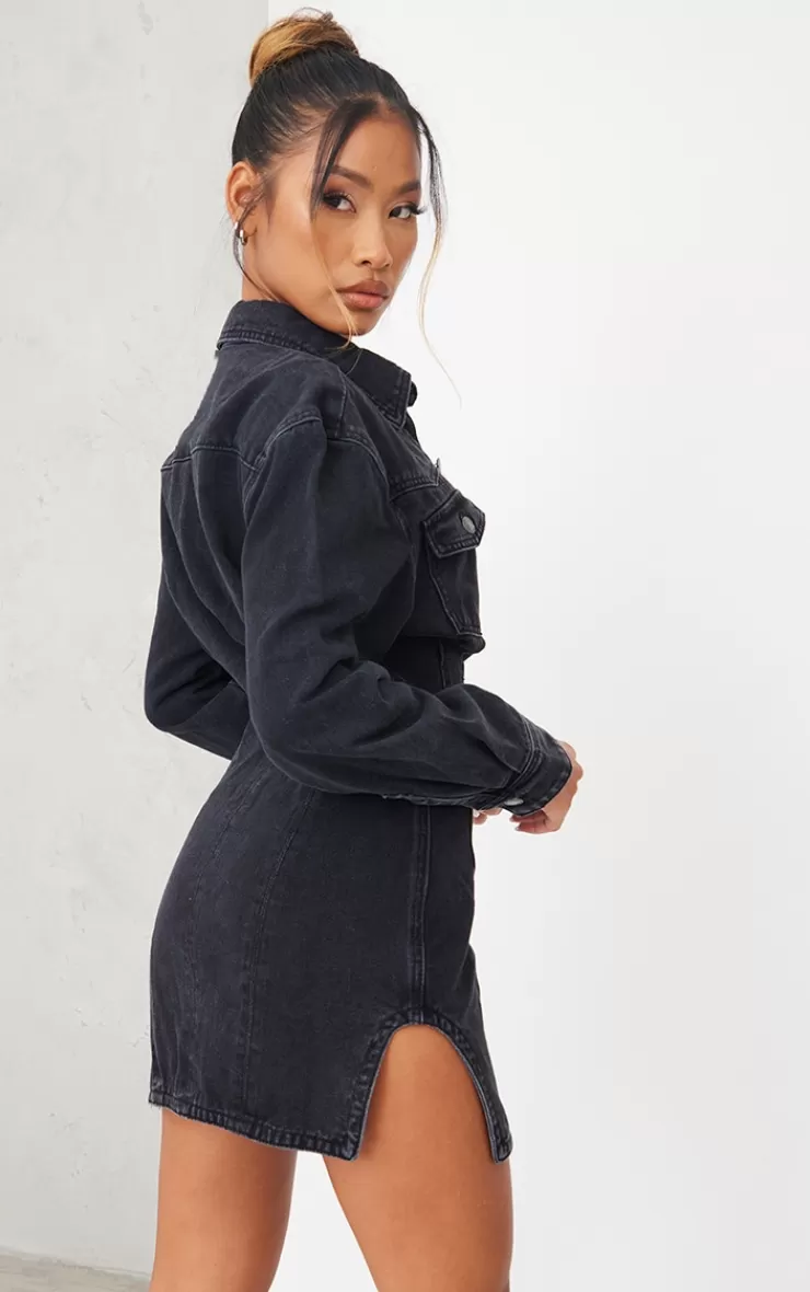 PrettyLittleThing Seam Detail Long Sleeve Denim Dress< Denim Dresses