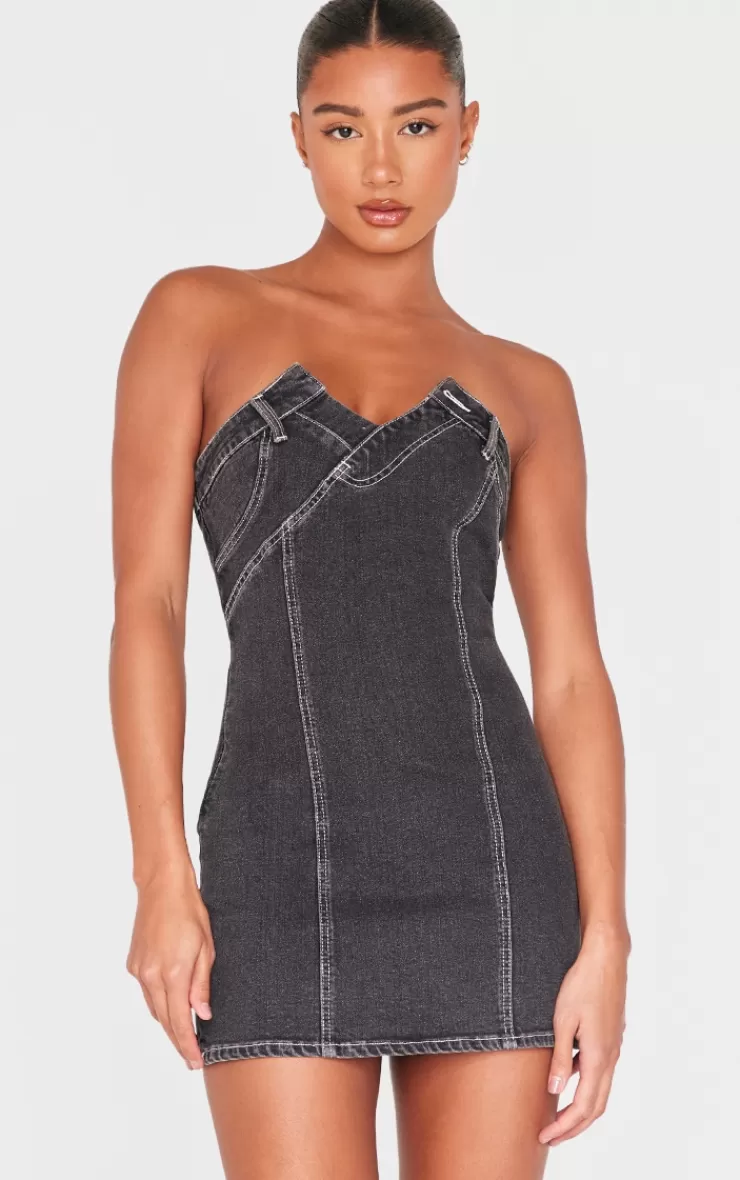 PrettyLittleThing Waistband Detail Crossover Panel Denim Mini Dress< Mini Dresses