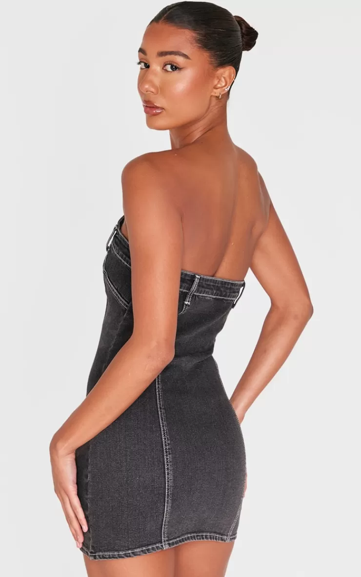 PrettyLittleThing Waistband Detail Crossover Panel Denim Mini Dress< Mini Dresses
