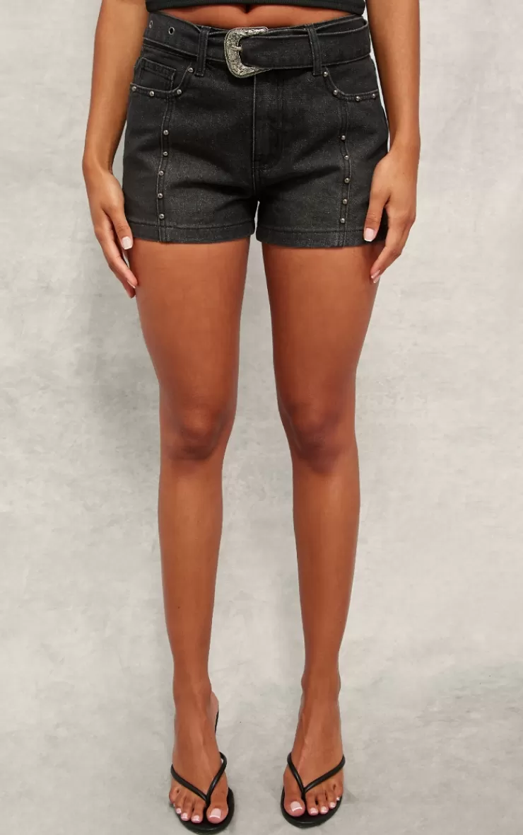 PrettyLittleThing Western Belt Studded Denim Mini Shorts< Going Out