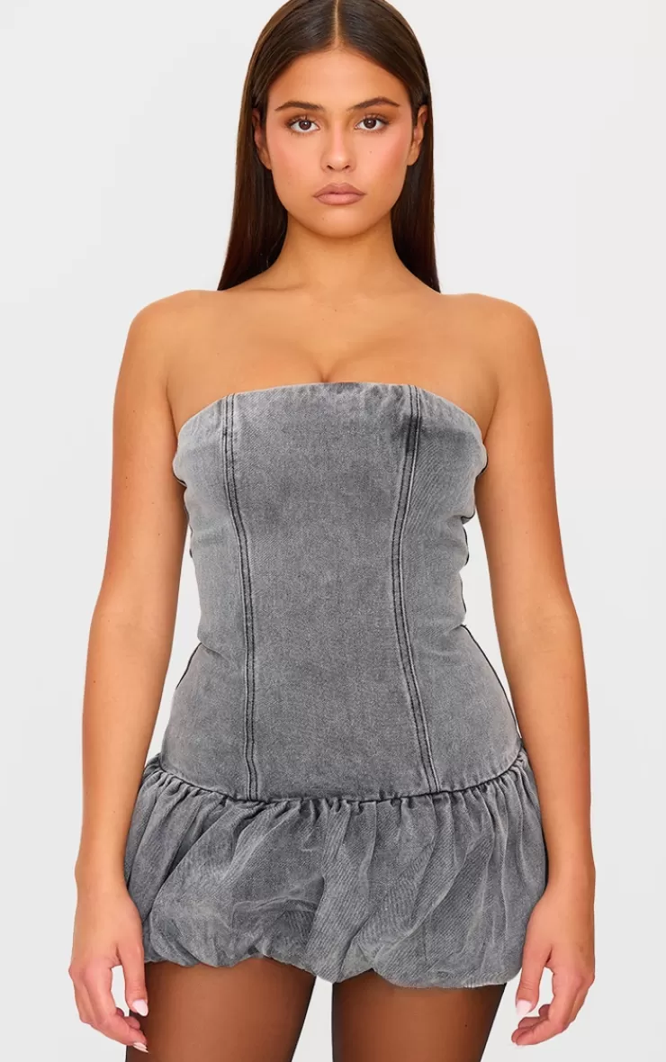 PrettyLittleThing Denim Bandeau Puffball Mini Dress< Mini Dresses