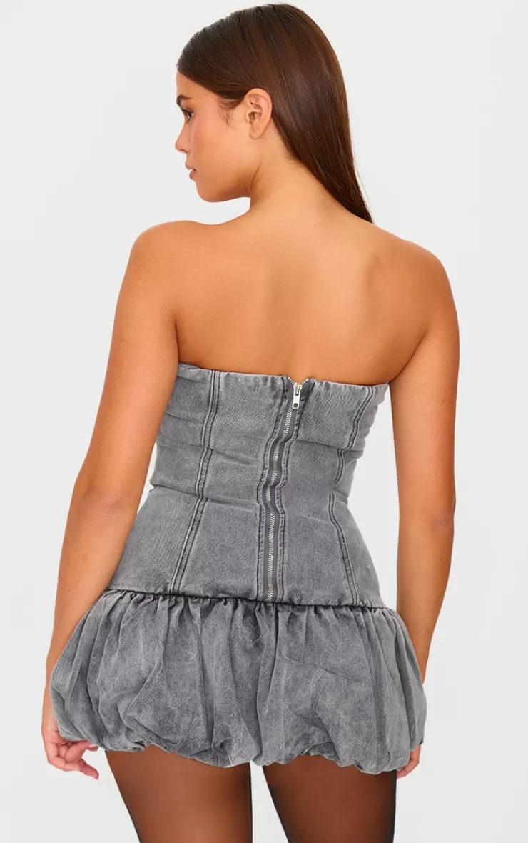 PrettyLittleThing Denim Bandeau Puffball Mini Dress< Mini Dresses