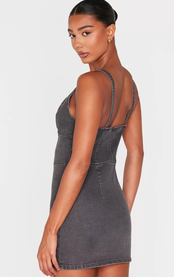 PrettyLittleThing Plunge Corset Style Denim Mini Dress< Denim Dresses
