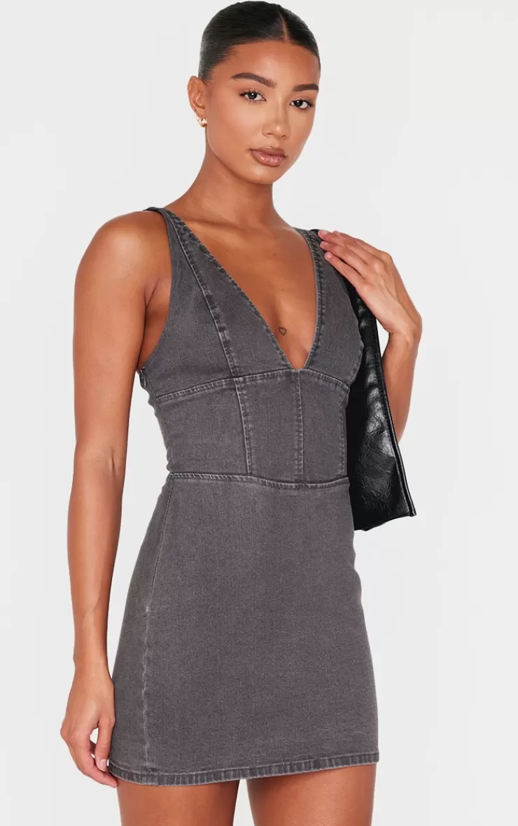 PrettyLittleThing Plunge Corset Style Denim Mini Dress< Denim Dresses