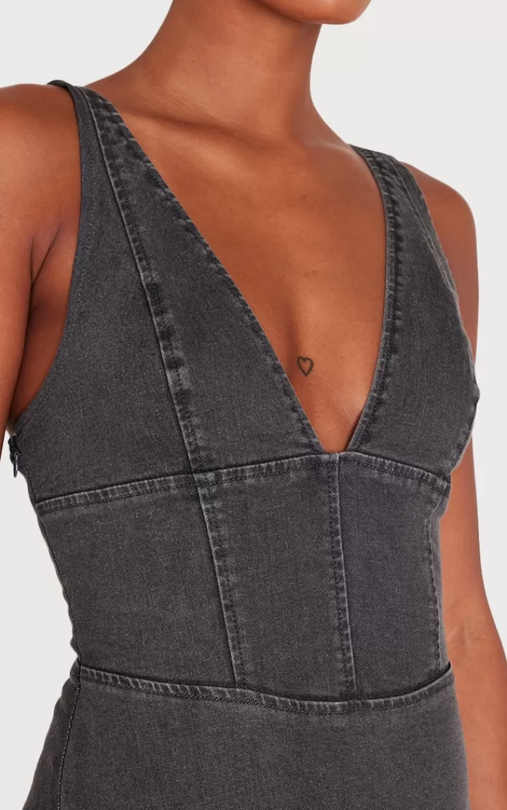PrettyLittleThing Plunge Corset Style Denim Mini Dress< Denim Dresses