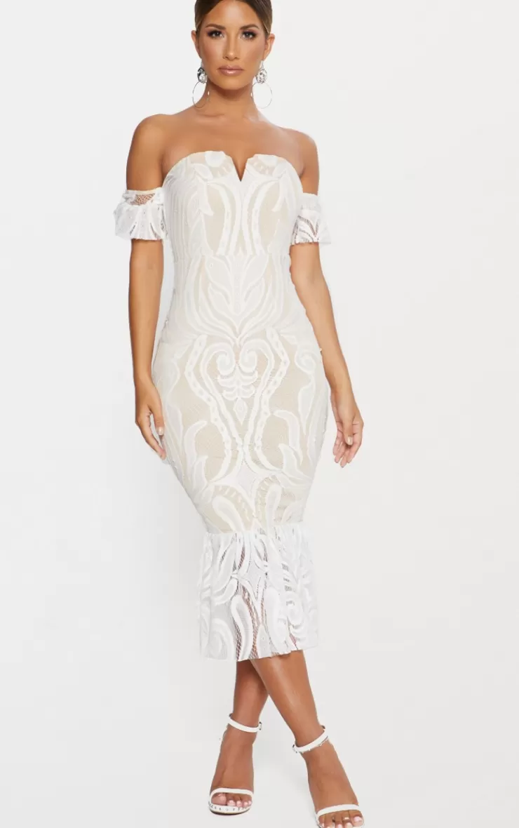 PrettyLittleThing Bardot Lace Frill Hem Midi Dress< Bridal Shower