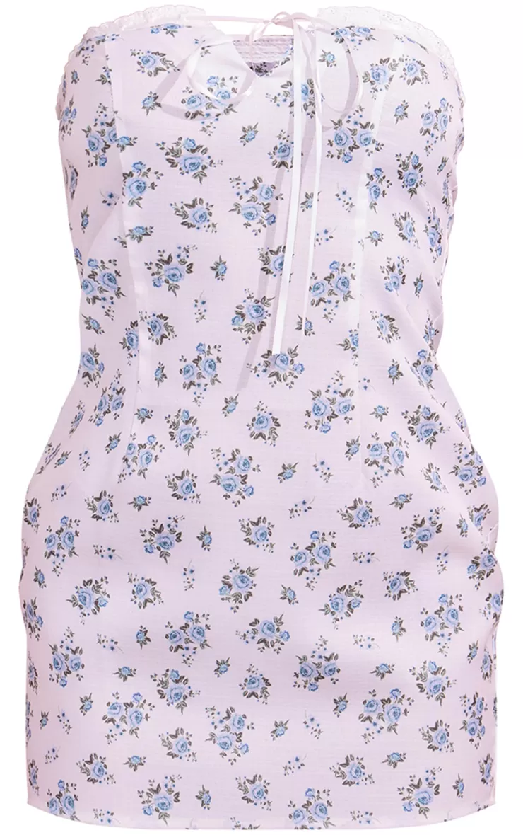 PrettyLittleThing Ditsy Floral Woven Bandeau Tie Lace Detail Mini Dress< Strapless Dresses