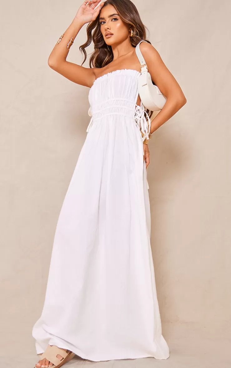 PrettyLittleThing Linen Look Elasticated Tie Bow Maxi Dress< Strapless Dresses