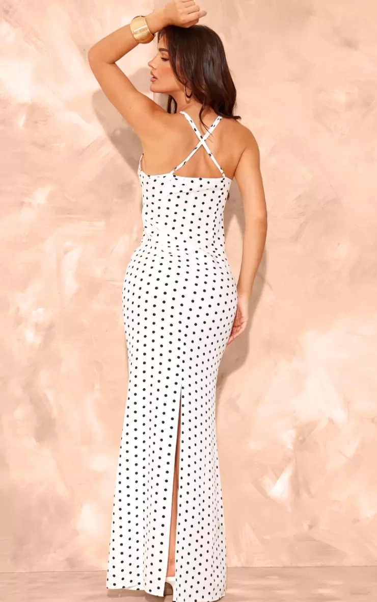 PrettyLittleThing Polka Dot Satin Rose Detail Maxi Dress< Bridesmaid Dresses