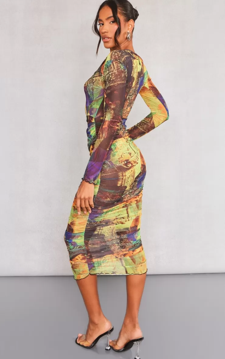 PrettyLittleThing Abstract Print Ruched Mesh Long Sleeve Maxi Dress< Maxi Dresses