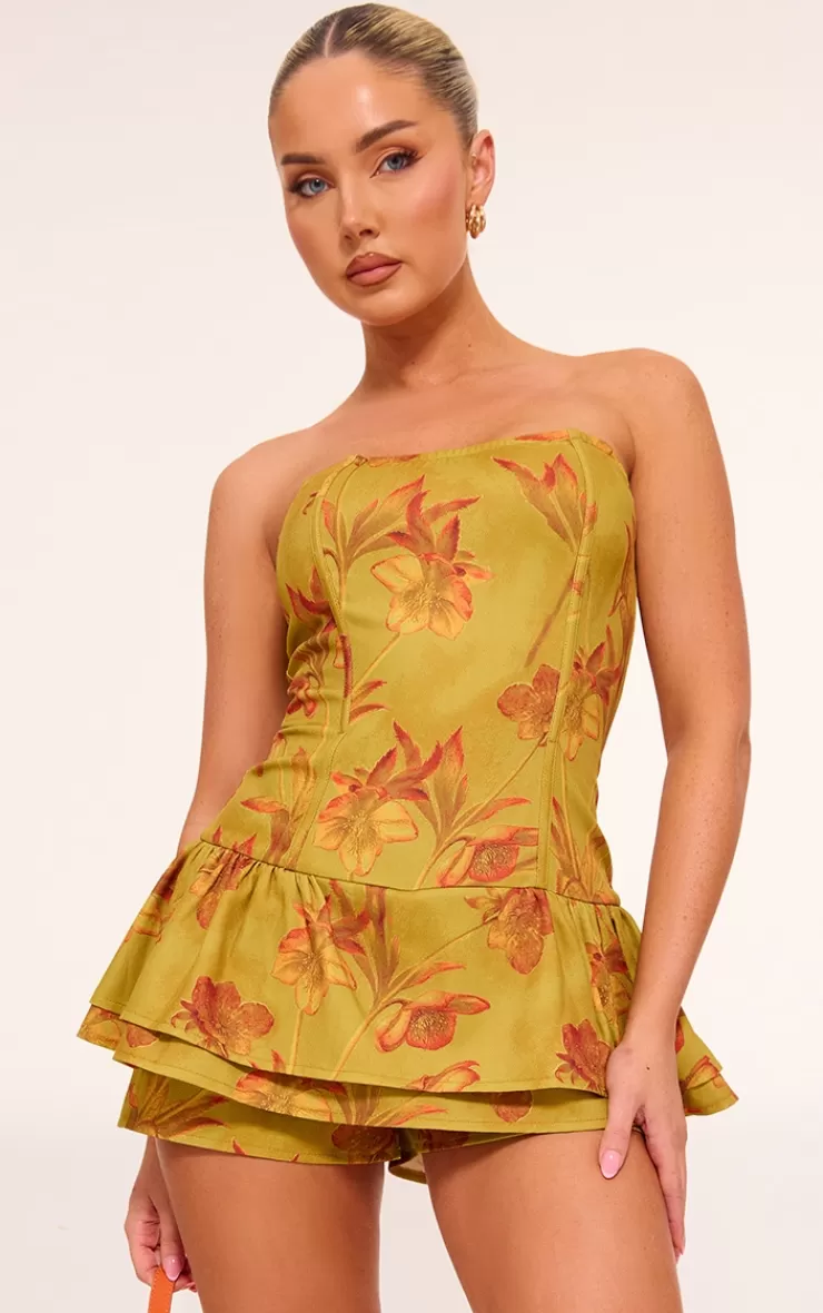 PrettyLittleThing Blossom Twill Bandeau Rara Romper< Going Out